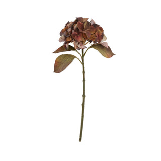 Full length artificial hydrangea stem with brown and mauve flower head on a white background