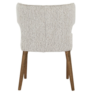 Full rear view of the dining chair showing the light textured fabric backrest and two rear wooden legs.