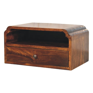 Deep chestnut finish of the bedside unit, highlighting the round antique brass drawer handle.
