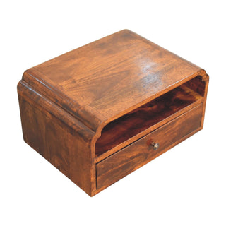 Elevated view of the chestnut bedside unit showing the open shelf above the closed drawer.