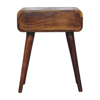Front view of the chestnut nightstand highlighting the rounded body, wood grain texture, and angled tapered legs.