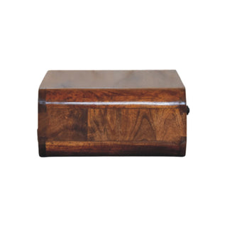 Side profile of the honey caramel nightstand showing the depth and rounded front edge.
