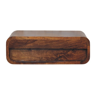 Honey caramel nightstand, front elevation, showing the drawer recessed within the rounded wooden frame.