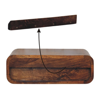Honey caramel nightstand and its detached wooden wall-mounting bracket with fixing holes.