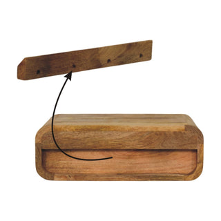 Wall-mounted nightstand and separate wooden mounting cleat, illustrating the fixing mechanism.