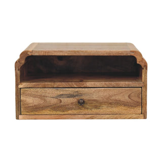 Plain front-on shot of the wooden wall-mounted bedside unit with an open shelf and single drawer.