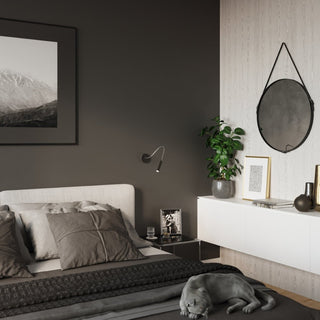 Black wall light fixture installed on a dark wall between a framed picture and a white floating shelf.
