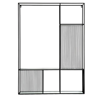 Black metal shelf unit showing asymmetric internal compartments and wire detailing.