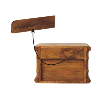Amber oak bedside table base structure with separate wooden support component highlighted by an arrow.