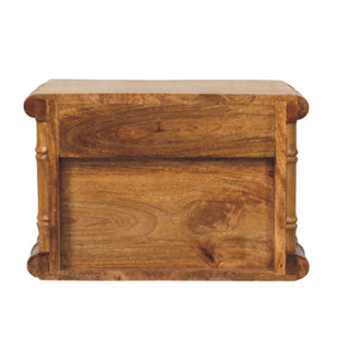 Rear view of the amber oak bedside unit, showing the solid back panel and the bamboo-effect frame posts.