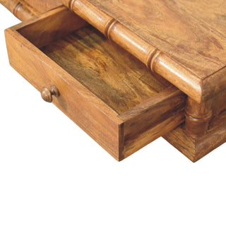 Detail of the console with a drawer pulled open, highlighting the interior wood grain and construction.
