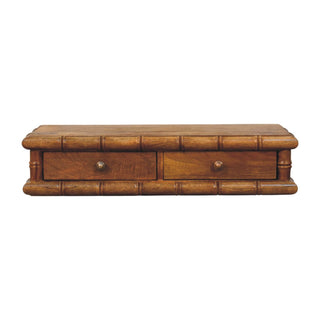 Plain front-on view of the bamboo-style wooden console shelf featuring two small drawers with brass knobs.