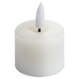 Single white LED tea light candle on a plain background, showing the textured wax and plastic flame.