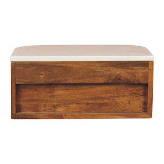 Plain front view of the bedside unit, highlighting the warm wood grain and white marble top.