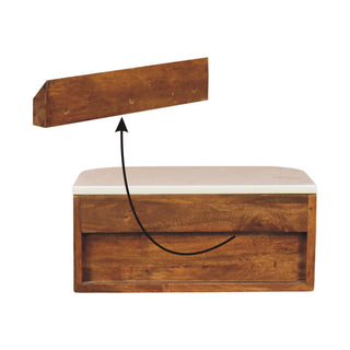 Wall-mounted unit separated from its wooden mounting bracket, with an arrow showing how they connect.