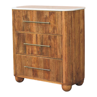 Plain front-on studio shot of the wooden chest with three drawers, marble top, and rounded bun feet.
