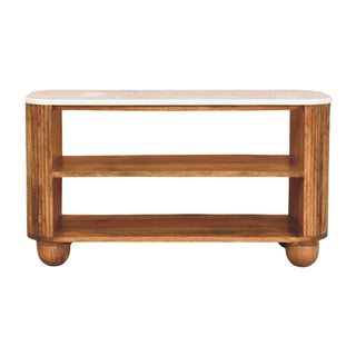 Front view of the wooden shoe bench with a white marble top and two internal shelves.