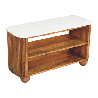 Wooden shoe bench with two internal storage shelves, white marble top, fluted sides, and rounded ball feet.