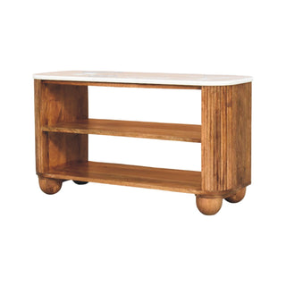Close view highlighting the warm wooden finish, vertical fluting on the sides, and the smooth white marble surface.