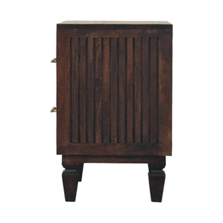 Dark wood nightstand side profile showing vertical fluting detail and turned, tapered feet.