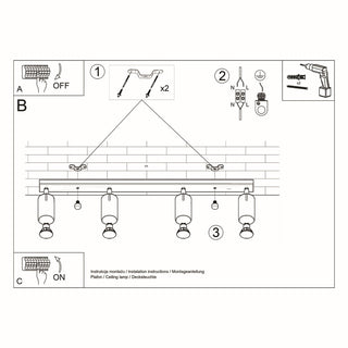 Installation instructions line drawing for the black four-spot ceiling lamp.