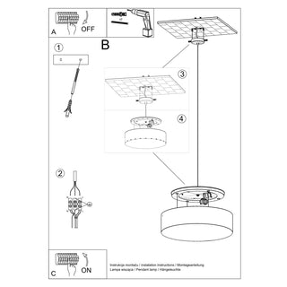Line drawing showing steps for wiring and mounting the pendant lamp installation.