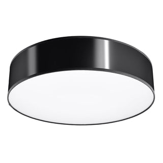 Black cylindrical ceiling light fixture with a white diffuser panel.