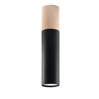 Plain front-on studio shot of the cylindrical ceiling lamp, featuring a black lower section and a natural wood upper section.