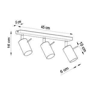 Technical line drawing showing the dimensions of the three-spotlight ceiling fixture.