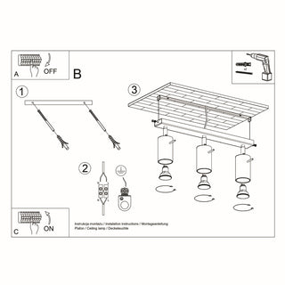 Technical diagram detailing how to install the three-spotlight ceiling lamp onto a ceiling.