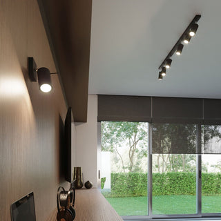 Black spotlight track fixture installed on a white ceiling above a desk area with large glass doors and garden view.