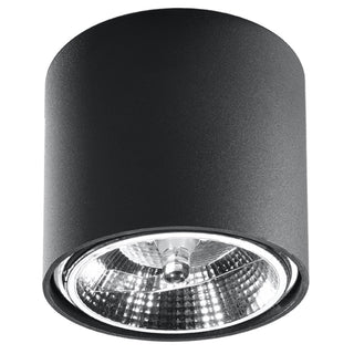 Cylindrical black ceiling light fixture showing the internal reflector and bulb element.