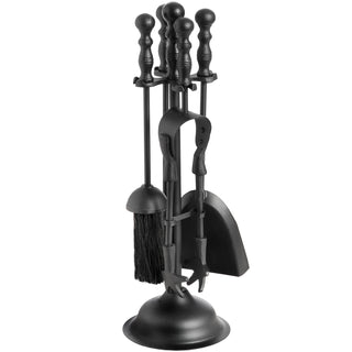 Plain front-on studio shot of the complete five-piece black fireplace companion set.