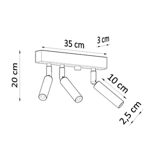 Line drawing showing the dimensions of the black three-spotlight ceiling fixture: 35 cm length and 20 cm total height.