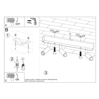 Line drawing showing the steps for mounting and wiring the three-spotlight ceiling fixture.
