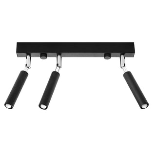 Black ceiling light fixture with a rectangular mounting bar and three adjustable cylindrical spotlights angled downwards.