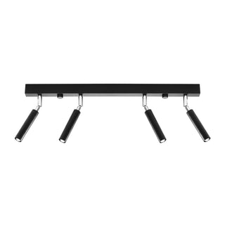 Black rectangular ceiling light fixture with four cylindrical spotlights angled downwards. Plain front-on shot.