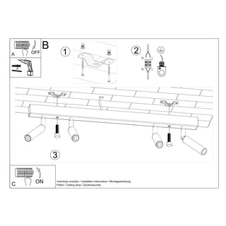 Technical line drawing detailing the installation steps for the four-spotlight ceiling lamp, including wiring.