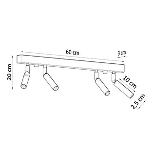 Technical diagram showing the dimensions of the black four-spotlight ceiling fixture.