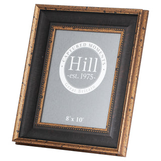 Angled view of the 8x10 picture frame with distressed black and gold finish and an inner beaded border.