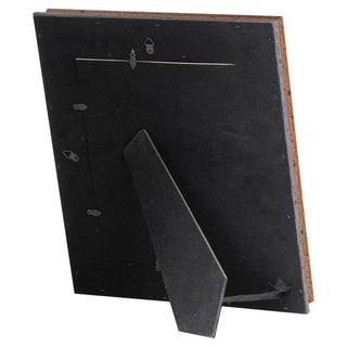 Rear view of the frame showing the black easel stand and the attached wire and hooks for wall hanging.