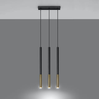 Three black cylindrical shades with golden lower sections, illuminated at the base.