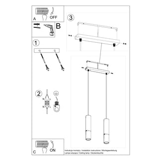 Installation instructions diagram for the pendant lamp, including wiring and ceiling bracket mounting.