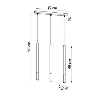 Technical diagram of the three-light pendant lamp with measurements: 90 cm drop, 30 cm ceiling plate.