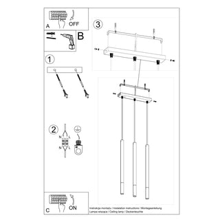 Installation instructions diagram for the three-light pendant ceiling fixture.