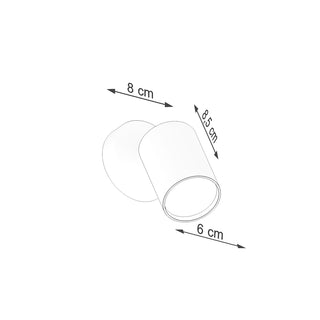 Technical line drawing of the black LEMMI wall lamp showing dimensions: 8 cm base, 8.5 cm length, 6 cm diameter.
