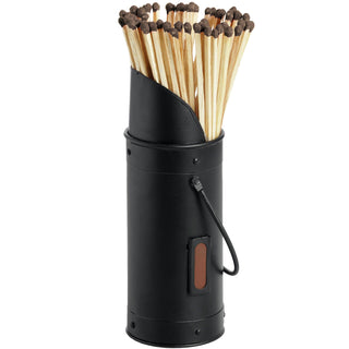 Black cylindrical match holder filled with long matches, showing the side striking surface and handle.