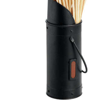Close-up of the black metal match holder showing the handle, striking surface, and rivets.