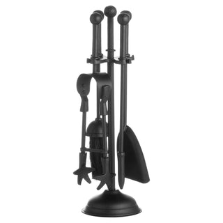 Plain front-on studio shot of the black metal fireplace tool set with four tools and ball tops.