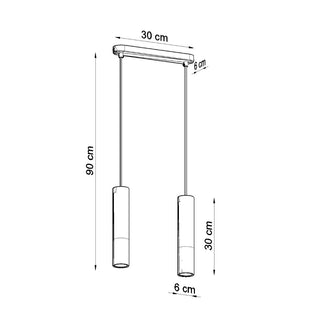 Diagram of the black Pablo two-pendant lamp with dimensions for the ceiling rose, drop length, and cylindrical shades.